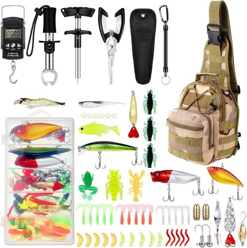 Miniatura 8 de Sosation 134 Piezas Herramienta de Pesca Herramienta de Pesca y Equipo Regalo para Adultos, Removedor de Anzuelos, Kit de Alicates, Mochila Caqui