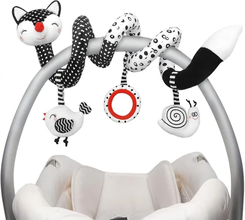 XIXILAND Juguetes de peluche en espiral para bebé, juguetes de asiento de coche en blanco y negro, juguete de alto contraste para bebés recién