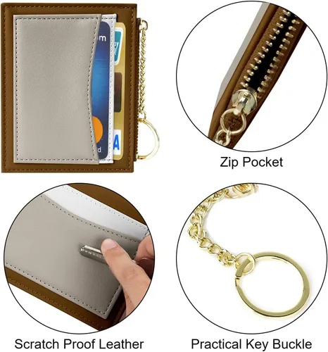 Miniatura 48 de URAQT Cartera para tarjetas de crédito, cartera minimalista de cuero delgado con cremallera, mini protector de tarjeta de crédito, llavero bolsillo