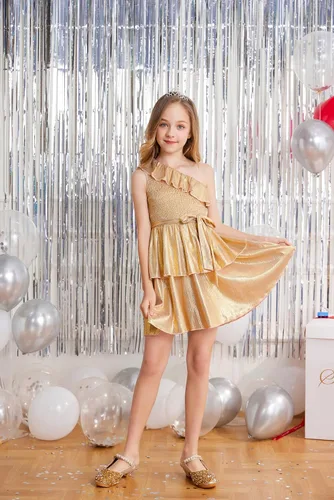 Miniatura 2 de Danna Belle Vestido de fiesta de verano para niñas, con un hombro, volantes, escalonado, ropa de regalo, tallas 5-14