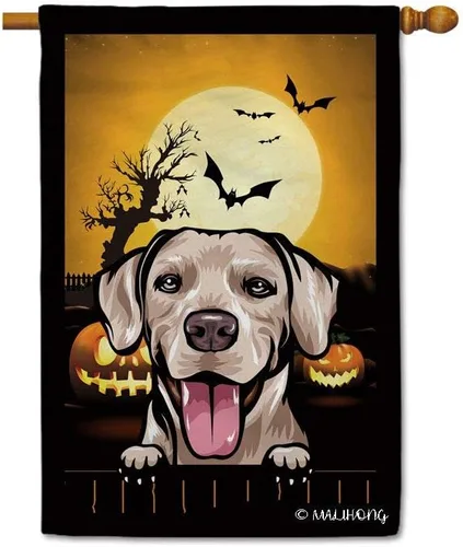 Miniatura 5 de Bandera de jardín de calabaza de Feliz Halloween Jack O'Lantern con perro Rhodesian Ridgeback Halloween Bat Boo Bandera decorativa para patio al