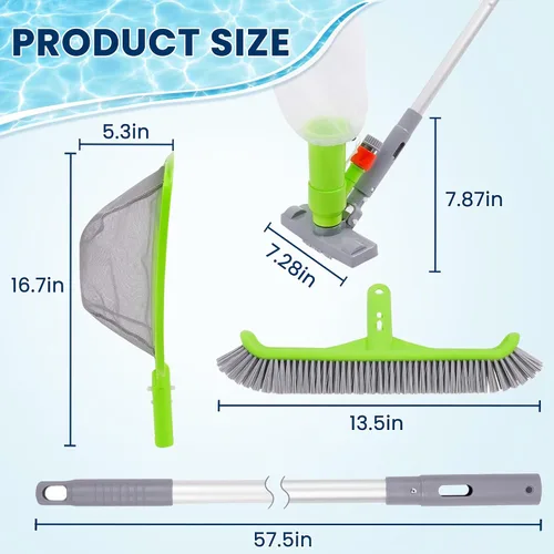 Miniatura 6 de Sepetrel Kit de limpieza de piscina de lujo con aspiradora de chorro, cepillo, red de skimmer semi-profunda y poste ajustable de 57.5 pulgadas