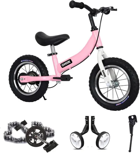 Bicicleta de Equilibrio OHIIK 2 en 1 para Niños de 2 3 4 5 6 7 Años de Edad, Bicicleta de Equilibrio a Pedales, Bicicleta para Niños de 12 14 16 Rosa