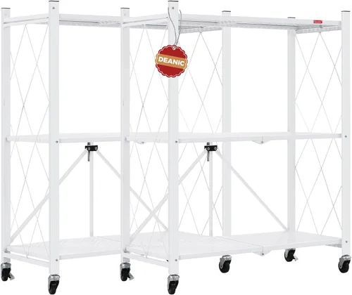 Miniatura 11 de DEANIC Estantes de almacenamiento plegables de 3 niveles con ruedas, soporte para electrodomésticos de cocina, estante de alambre de metal Gris