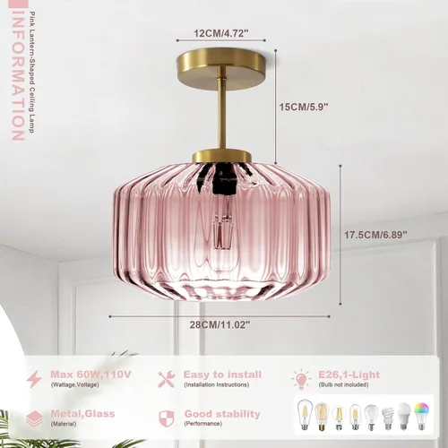 Miniatura 4 de Moderna lámpara de techo semiempotrada rosa rubor con base dorada cepillada, lámpara de dormitorio para dormitorio de niñas, guardería, pasillo