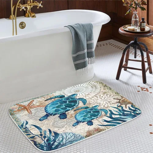 Miniatura 3 de Alfombra de baño de terciopelo coral con diseño náutico de tortugas marinas, animales de playa, tapete de ducha antideslizante para baño de océano