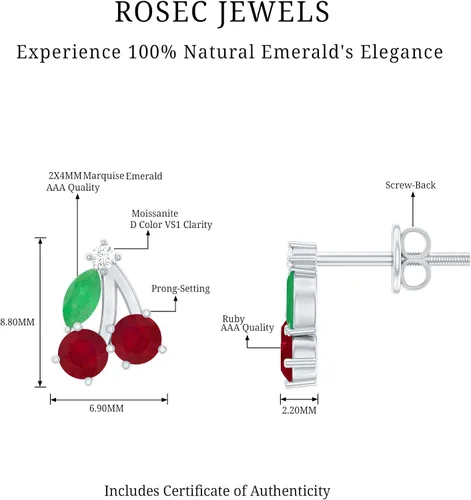 Miniatura 15 de Aretes de cereza esmeralda y rubí natural para mujer, calidad AAA certificada, aretes de tuerca de cereza roja