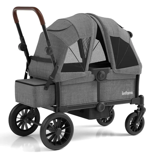 Miniatura 10 de INFANS Cochecito Vagón para 2 niños, barra plegable ajustable con asa de empujar y tirar, cochecito vagón de 2 plazas con toldo extraíble y bandeja