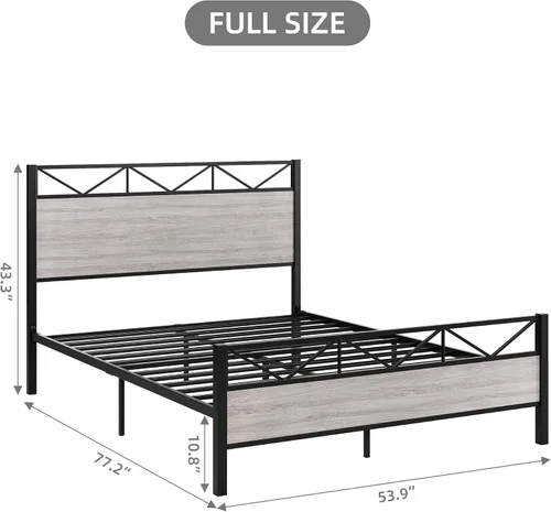 Miniatura 2 de Senfot Base de cama de tamaño matrimonial con cabecera y estribo de madera rústica, plataforma de metal, soporte de listones de acero resistente,