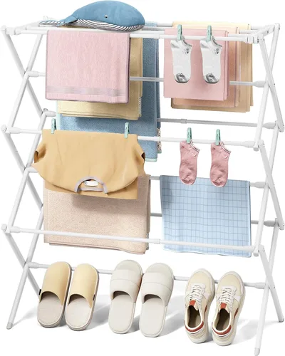 KINGBOARD Tendedero de secado de ropa plegable con 11 postes, estante de secado de lavandería de 3 niveles, estante de secado de ropa pequeño Blanco