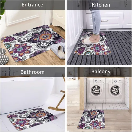 Miniatura 5 de LB Alfombra de baño de flores bohemias, alfombra de baño antideslizante con estampado floral bohemio morado y negro, espuma viscoelástica suave