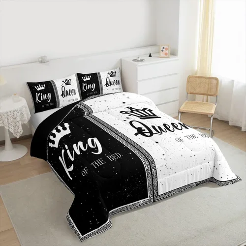 Miniatura 2 de jejeloiu Juego de edredón con patrón de corona, edredón estampado King y Queen para niños y adolescentes, juego de ropa de cama moderno de arte