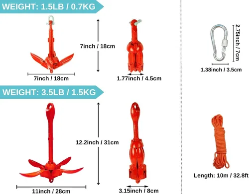 Miniatura 2 de BeGrit Ancla de kayak Anclaje de barco pequeño Anclaje marino plegable para pesca, kayak, tabla de remo, canoa, moto acuática, con bolsa de rojo