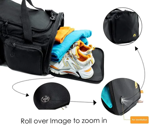 Miniatura 6 de Bolsa de lona para hombre, ultraligera, plegable, bolsa de lona para gimnasio, compartimento para zapatos de 40 litros y bolsillo húmedo, transporte