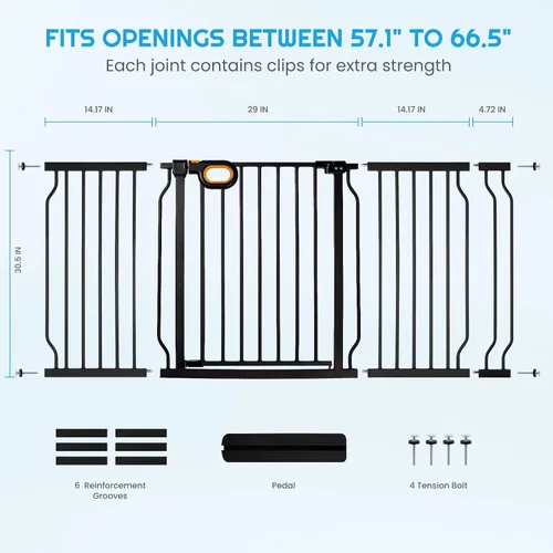 Miniatura 3 de owlie Puerta de escalera para bebé, de 57 a 66 pulgadas, puerta de seguridad extra ancha para bebé y mascotas, puertas ajustables para perros, Negro