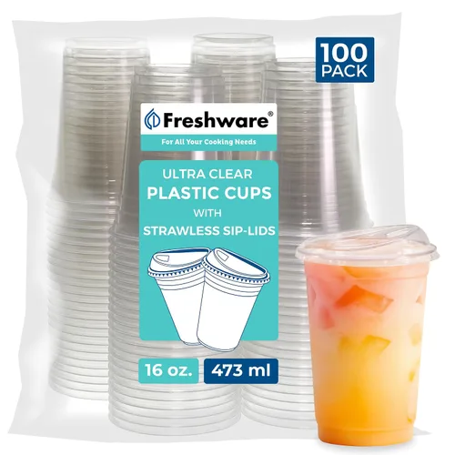 Miniatura 7 de Freshware Vasos de plástico transparente con tapas para sorbos sin popote [100 tazas – 12 onzas] Vaso desechable para café helado, batido, bebidas