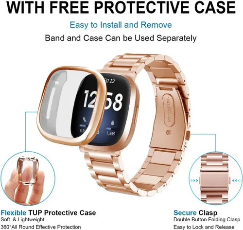 Miniatura 2 de Maxjoy Compatible con Fitbit Sense/Versa 3 bandas, Versa3 correa de metal grande de acero inoxidable con funda protectora para hombres y mujeres