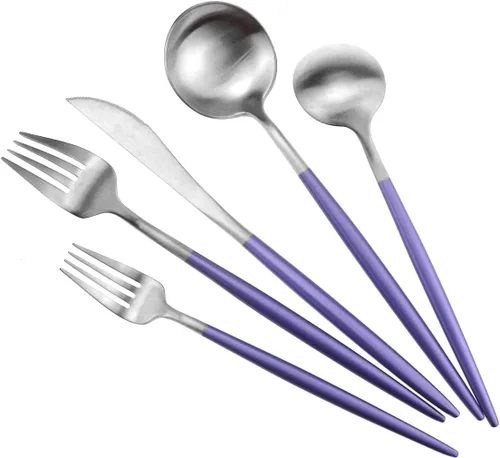 Miniatura 5 de Juego de cubiertos de lujo, 20 piezas de acero inoxidable 18/10 con mango morado mate para 4 personas, incluyendo tenedores, cucharas, cuchillos