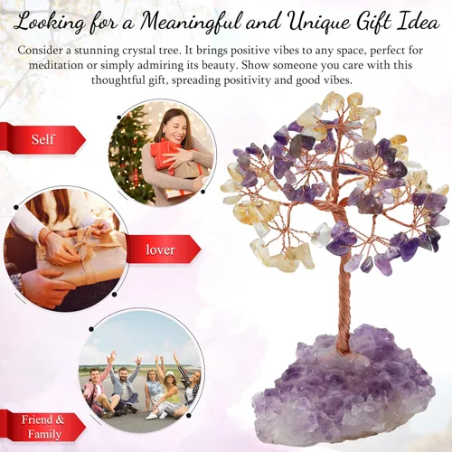Miniatura 4 de Árbol de cristal de amatista y citrino con base en racimo, decoración del árbol de la vida para estante, dormitorio, regalos de cumpleaños para Aj