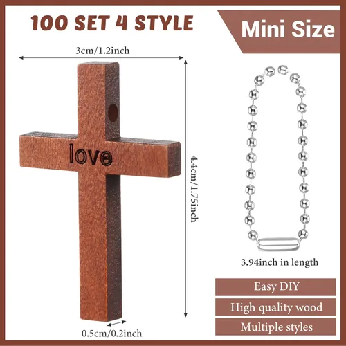 Miniatura 2 de Yinkin 100 dijes de cruz de madera pequeña de 4 estilos para hacer joyas, regalos cristianos, regalos cristianos, colgante rústico de madera maciza