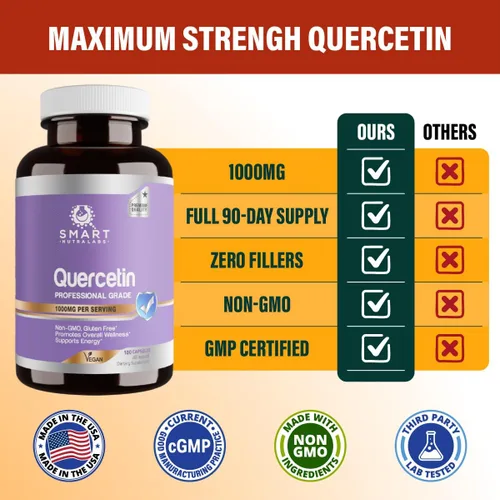 Miniatura 5 de Smart Nutra Labs Quercetina 1000 mg- 180 cápsulas veganas, suplemento de quercetina 100% puro, sin OMG, sin gluten, probado por terceros