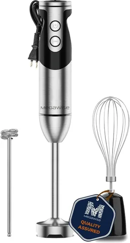 Megawise Batidora de Mano de Alta Potencia – 400W de Potencia Máxima con Accesorios Versátiles 3 en 1 (Eje Mezclador, Batidor, Picadora); Diseño