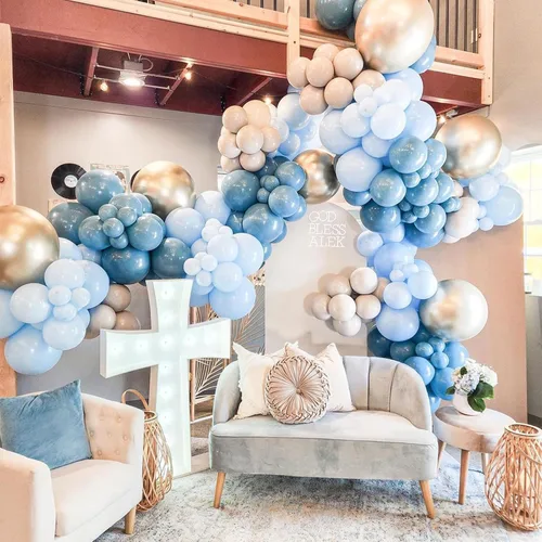 Miniatura 6 de Paquete de 60 globos azul polvoriento dorado, conjunto de globos de látex azul pizarra blanco arena verde azulado turquesa crema beige con confeti