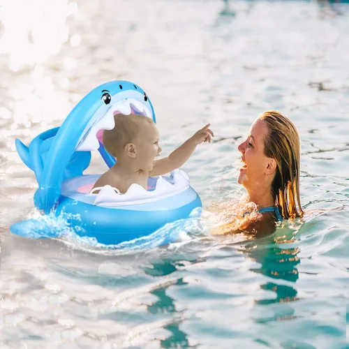 Miniatura 6 de Flotador de piscina para bebés con toldo inflable de tiburón para niños de 6 a 36 meses