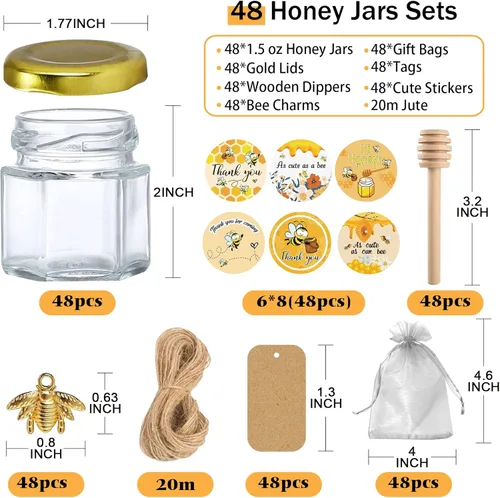 Miniatura 2 de Aliggbent Paquete de 48 mini tarros de miel para fiestas a granel, tarros de miel pequeños hexagonales de vidrio de 1.5 onzas con varitas de miel