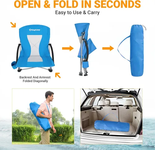 Miniatura 8 de KingCamp Silla de playa baja, silla de camping plegable con respaldo alto para adultos, asiento de malla transpirable de gran tamaño, silla portátil