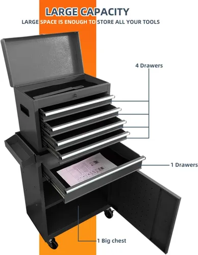 Miniatura 6 de X&T Caja de herramientas con ruedas compuestas, organizadores de pecho desmontables con cerradura con 4 ruedas y 5 cajones, armario