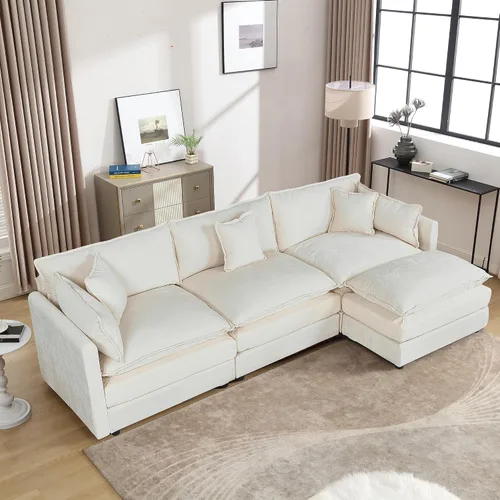 Miniatura 34 de Setawix Sofá Profundo de 3 Plazas con Otomana, Sofás de Nube en Forma de L de 112.2" para Sala de Estar, Sofá de Nube de Chenilla con Asiento Café