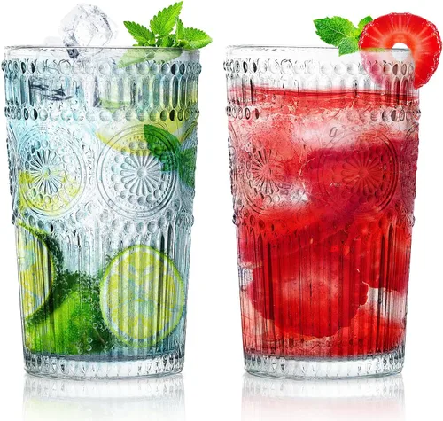 Miniatura 12 de Loivttvv Juego de 6 vasos de bebida vintage, vasos de Highball de 12 oz / 354.83 ml en ámbar, vasos de cristal acanalados con relieve para cóctel