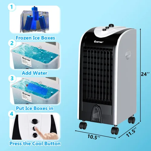 Miniatura 6 de COSTWAY Enfriador de aire evaporativo, ventilador de refrigeración 3 en 1 con 2 cajas de cristal de hielo, 3 modos, tanque de agua de 3 velocidades