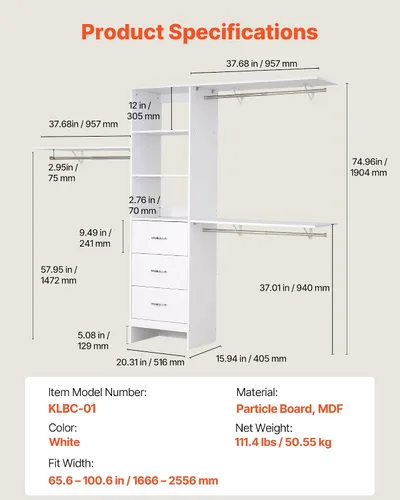 Miniatura 2 de VEVOR Sistema de Armario con 3 Cajones, Organizadores de Armario de Madera de Altura Ajustable, Organización Moderna de Vestidor con 3 Barras