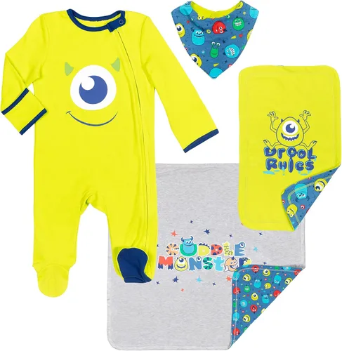Disney Winnie the Pooh, Lion King, Pixar Monsters Inc. Baby Sleep N' Play - Conjunto de 4 piezas de manta con babero y paño para eructos