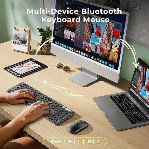 Miniatura 2 de seenda COE202 - Combo de teclado inalámbrico Bluetooth, lindo teclado redondo retro, mouse silencioso, conexión de 3 dispositivos múltiples