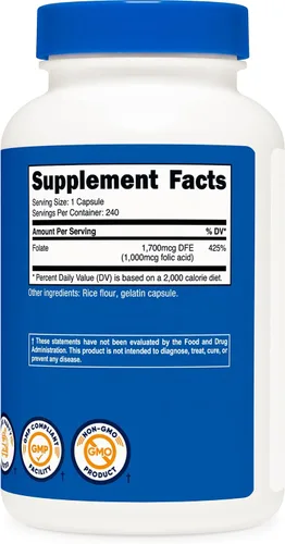 Miniatura 5 de Nutricost ácido fólico (Vitamina B9) 1000 mcg, 240 Cápsulas, 1 botella, 1