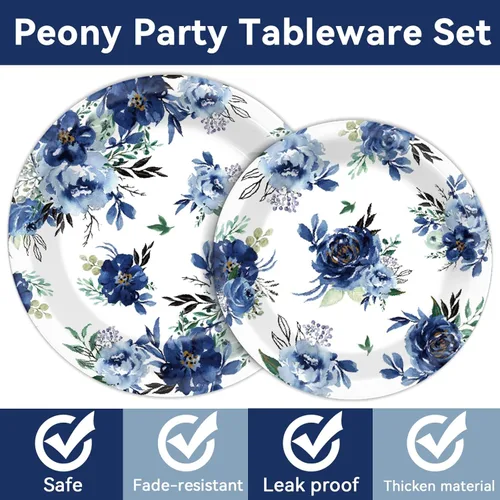 Miniatura 3 de 96 piezas de platos de fiesta de peonía, servilletas, juego de vajilla, flores azules, suministros desechables para cenas, decoración de fiesta azul