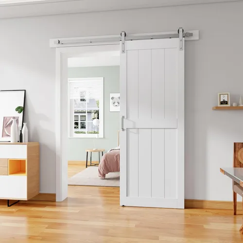 Miniatura 11 de Puerta corredera de granero de 28 x 84 pulgadas con kit de herrajes para puerta de granero de 5 pies, mango y guías de suelo, agujeros Blanco