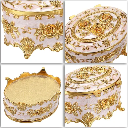 Miniatura 8 de Hipiwe Joyero de metal vintage, organizador ovalado con diseño de rosas, caja de almacenamiento para anillos, aretes, collar, regalo para mujeres