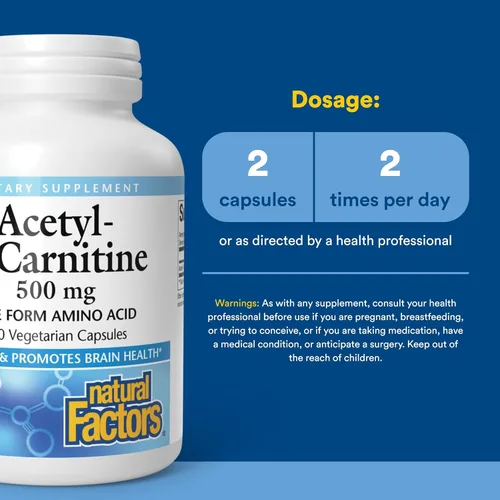 Miniatura 3 de Natural Factors, Acetil L-carnitina 500 mg, promueve una memoria saludable, concentración y función cerebral, 120 cápsulas (60 porciones)