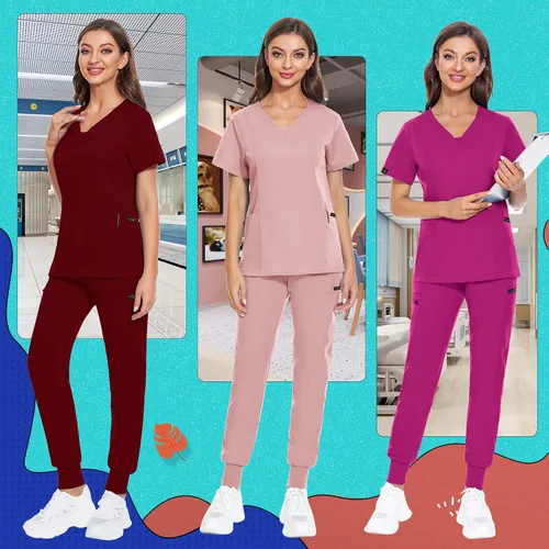 Miniatura 27 de VIAOLI Conjunto de ropa quirúrgica para mujer, camiseta con cuello en V y pantalones médicos tipo cargo para mujer, 10 bolsillos