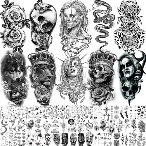 Miniatura 9 de 60 hojas de tatuajes temporales 3D de león y tigre geniales para hombres y mujeres, tatuajes falsos pequeños y aterradores de diablo, calavera
