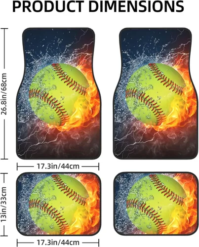 Miniatura 2 de Juego de 4 alfombrillas para piso de automóvil, softbol, béisbol en fuego y agua, estampadas, almohadillas para pies, impermeables, antideslizantes