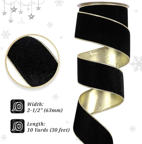 Miniatura 2 de Cinta de terciopelo negro con alambre de 2.5 pulgadas x 10 yardas, cinta de Navidad negra y dorada con parte trasera dorada, cinta de terciopelo