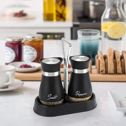 Miniatura 5 de Accmor Juego de saleros y pimenteros con soporte, recipientes de acero inoxidable de 4 onzas con fondo de vidrio para cocina, barbacoa, bar, mesa