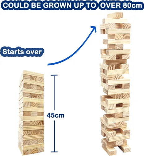 Miniatura 4 de Jac & Mok Tumble Tower - Juego de bloques de madera para apilar con bolsa de transporte (54 piezas de torre grande con dados)