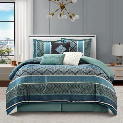 Miniatura 11 de Grand Avenue Juego de edredón geométrico negro y dorado, tamaño California King, juego de ropa de cama jacquard de 7 piezas, ultra suave, fundas a