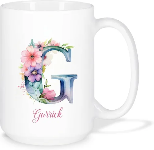 Miniatura 10 de Taza de café personalizada de la letra A del alfabeto, Taza de café blanca con nombre personalizado único, Taza inicial de monograma floral